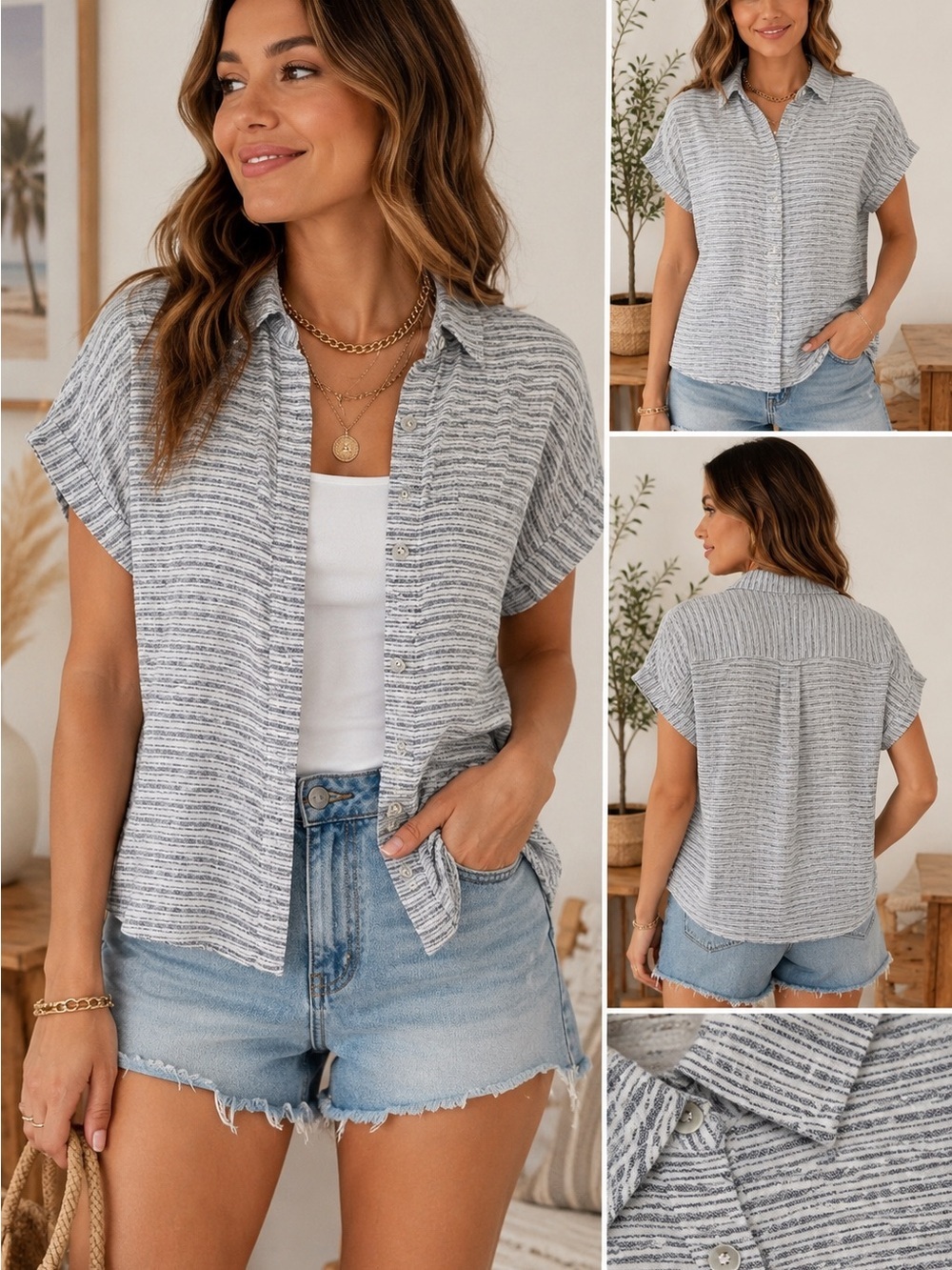 CAbi Light Gray & White Linen Striped Short-Sleeve Button Down Top